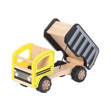 Ein hölzerner Spielzeug-Muldenkipper mit gelbem Fahrerhaus, schwarzen Rädern und einer grauen, kippbaren Kippmulde. Die Kippmulde ist hochgeklappt, und der Lkw hat einfache schwarze Linien auf dem Fahrerhaus.