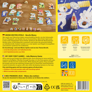 Eine gelbe Spielschachtel auf der Rückseite mit Fotos eines Memory-Spiels aus Holz mit Spielsteinen in Form von Menschen und Tieren, mehrsprachigen Spielbeschreibungen, Sicherheitssymbolen und Unternehmensinformationen.