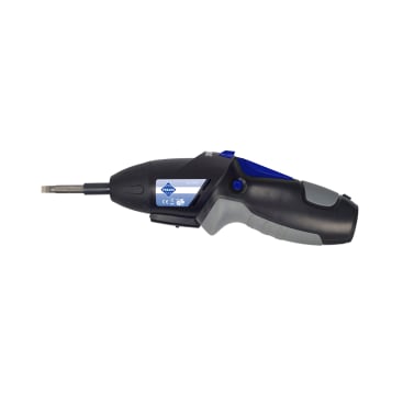 Ein handgehaltener elektrischer Schraubendreher mit einem schwarz-grauen Gehäuse, blauen Akzenten, einer Metallspitze und einem sichtbaren Markenetikett, dargestellt vor einem weißen Hintergrund.