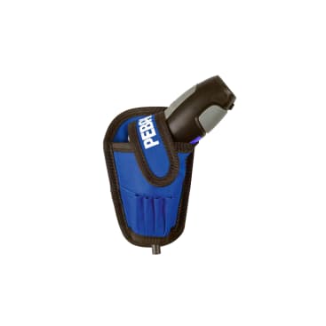 Ein handgehaltenes Werkzeug mit einem schwarz-grauen Griff befindet sich in einem blau-schwarzen Stoffholster mit der Aufschrift PEDROS auf weißem Hintergrund.