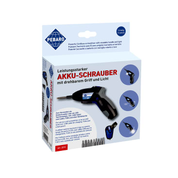 Eine Schachtel Pebaro Akku-Schrauber, ein Akku-Schraubendreher mit drehbarem Griff und Licht. Die Verpackung zeigt das Werkzeug, seine Funktionen und sechs mitgelieferte Schraubendreherbits. Der Text ist sowohl auf Deutsch als auch auf Englisch.