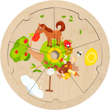 Ein rundes Holzpuzzle mit Abbildungen eines Pferdes, das einen Apfel isst, einem Apfelbaum, verstreuten Früchten, einer Schaufel in der Erde und einer Gießkanne, die Wasser auf den Boden gießt.