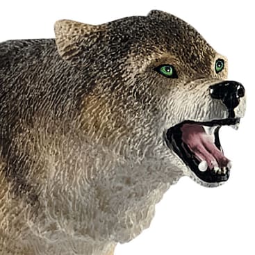 Eine Nahaufnahme eines Wolfsmodells mit grünen Augen und einem offenen Maul mit scharfen Zähnen, das zu knurren oder zu knurren scheint. Das Fell ist in Braun-, Grau- und Weißtönen strukturiert.