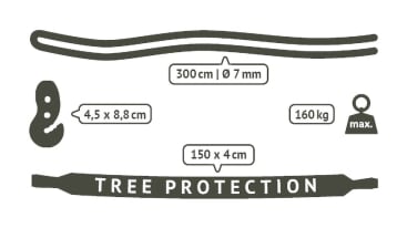 Schwarz-weißes Diagramm mit einem 300 cm langen und 7 mm dicken Seil, einem 4,5 x 8,8 cm großen Haken, einem 150 x 4 cm großen Gurt mit der Aufschrift TREE PROTECTION und einem Symbol für das maximale Gewicht von 160 kg.