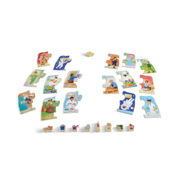 Eine Reihe von illustrierten Puzzleteilen und kleinen Holzfiguren sind auf einem weißen Hintergrund angeordnet. Die Puzzleteile stellen verschiedene Berufe und Tätigkeiten dar, und die Holzfiguren repräsentieren entsprechende berufsbezogene Objekte.