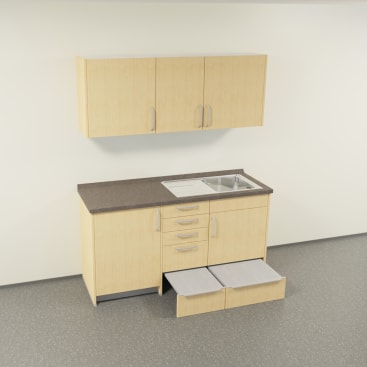 Küchenblock für den Kita-Speiseraum, mit Kühlschrank und Edelstahlspüle