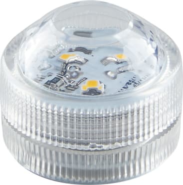 Ein klares, rundes LED-Lichtmodul mit einer strukturierten Seite und einer transparenten Kuppel oben, die die internen Schaltkreise und drei kleine LED-Chips offenlegt.