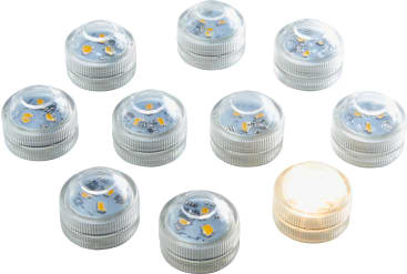 Zehn kleine runde LED-Leuchten sind auf einem weißen Hintergrund angeordnet. Neun sind ausgeschaltet und zeigen die internen Komponenten, während eine unten rechts in einem warmen Gelb leuchtet.