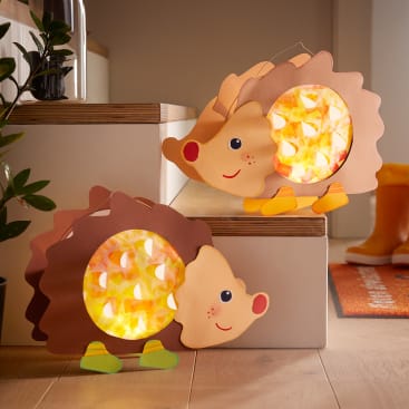 Zwei igelförmige Laternen mit orangefarbenem und gelbem Seidenpapier in der Mitte werden auf eine Holztreppe gestellt. Eine Laterne hat grüne Füße, die andere gelbe Füße. Im Hintergrund sind eine orangefarbene Fußmatte und Stiefel zu sehen.