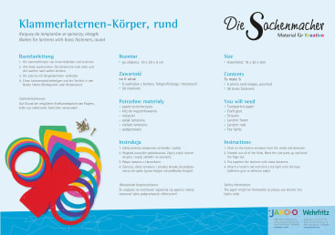Anleitungsblatt für runde Laternenkörper mit dem Titel "Klammerlaternen-Körper, rund", mit bunten Papierlaternen-Teilen, schriftlichen Anweisungen in Deutsch, Polnisch und Englisch und Firmenzeichen auf blauem und weißem Hintergrund.