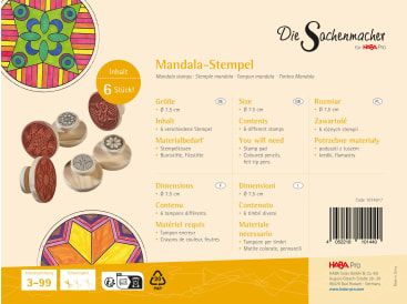 Eine Produktverpackung für Die Sachenmacher Mandala-Stempel mit sechs runden Mandala-Stempeln mit Holzgriffen. Der Hintergrund enthält Mandala-Motive und Details in Deutsch, Englisch, Französisch, Polnisch und Italienisch.