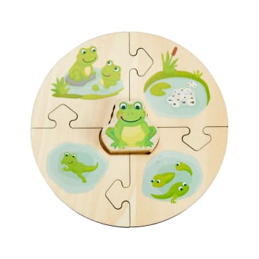 Ein rundes Holzpuzzle stellt den Lebenszyklus eines Frosches dar. Die vier Teile zeigen Froscheier, Kaulquappen, einen jungen Frosch und zwei erwachsene Frösche. In die Mitte passt ein froschförmiges Mittelstück.