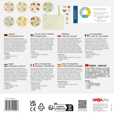 Die Abbildung zeigt die Rückseite einer HABA Pro Lernspielschachtel mit einer mehrsprachigen Anleitung, einer Inhaltsliste, Symbolen für Alters- und Sicherheitszertifikate, einer Abbildung der Spielsteine und dem HABA Pro Logo.