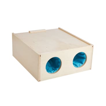 Rechteckige Kiste aus hellem Holz mit zwei kreisförmigen Öffnungen auf einer Seite, innen mit hellblauem Stoff ausgekleidet; der Deckel ist flach und hat einen kleinen Griff.