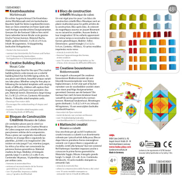 Produktverpackung für ein Mosaikwürfel-Set von Creative Building Blocks mit Farboptionen, Anordnungsmöglichkeiten, Diagrammen von fertigen Mosaiken und Produktinformationen in mehreren Sprachen, einschließlich Sicherheitsetiketten und einem Strichcode.