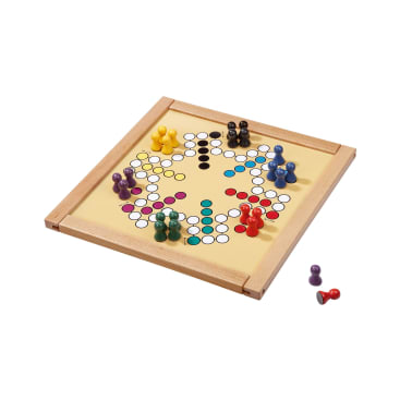 Ein Brettspiel aus Holz mit einem kreisförmigen Pfad aus farbigen und weißen Feldern, mit Spielsteinen in verschiedenen Farben auf dem Brett und zwei lila Steinen an der Seite.