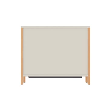 Ein minimalistischer Schrank mit einer hellbeigen Front, umrahmt von hellen Holzkanten und -beinen, vor einem schlichten weißen Hintergrund.