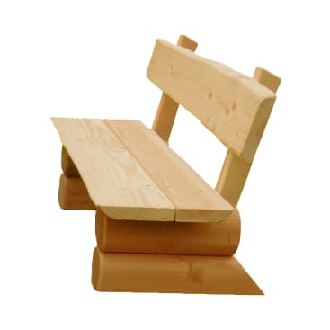 Eine Holzbank aus hellen, unbearbeiteten Stämmen und Brettern, mit einer einfachen Rückenlehne und Sitzfläche, isoliert auf weißem Hintergrund.