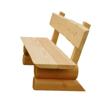 Eine Holzbank mit Rückenlehne aus dicken, hellen Stämmen und Brettern, dargestellt auf weißem Hintergrund.