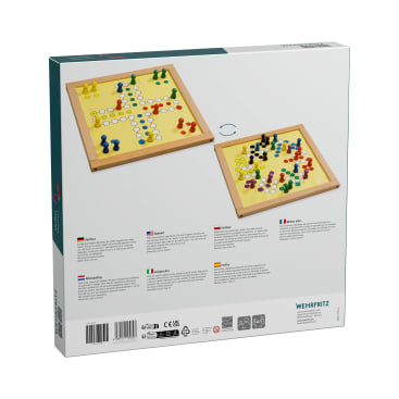Die Abbildung zeigt die Rückseite einer Brettspielschachtel mit zwei verschiedenen klassischen Brettspielaufbauten mit bunten Stiften, einem Holzrahmen und einer Anleitung in mehreren Sprachen. Logos und Produktinformationen sind am unteren Rand zu sehen.