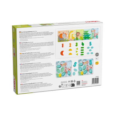 Auf der Rückseite einer Kinderpuzzle-Schachtel befinden sich Bilder der Puzzleteile und der fertigen Puzzles, Produktinformationen in mehreren Sprachen sowie Piktogramme, die den Inhalt und die vorgesehene Altersgruppe (ab 2 Jahren) angeben.
