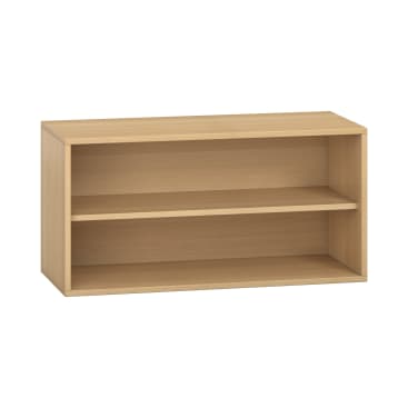 Ein rechteckiges Bücherregal aus hellem Holz mit offener Front, einem verstellbaren Fachboden und einer glatten Oberfläche. Das Regal ist leer und steht vor einem weißen Hintergrund.