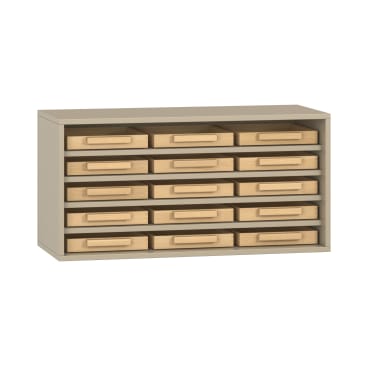 Ein beigefarbener Schrank mit 15 Holzschubladen, die in drei Fünferreihen angeordnet sind, wobei jede Schublade einen rechteckigen Griff aufweist. Der Schrank ist vor einem weißen Hintergrund fotografiert.