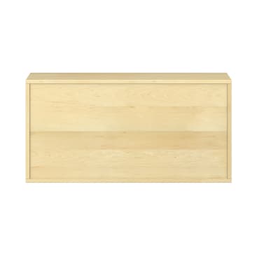 Ein rechteckiger Schrank aus hellem Holz mit flacher Oberseite und minimalistischem Design, mit zwei horizontalen Paneelen auf der Vorderseite vor einem weißen Hintergrund.