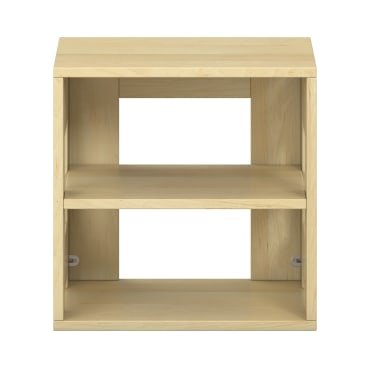 Ein würfelförmiges Regal aus Holz mit heller Oberfläche, zwei offenen Fächern und einer flachen Platte, fotografiert vor einem weißen Hintergrund.