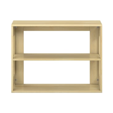 Ein rechteckiges Bücherregal mit zwei Regalböden aus hellem Holz mit sichtbaren Eckschrauben und natürlicher Oberfläche, fotografiert vor einem weißen Hintergrund.