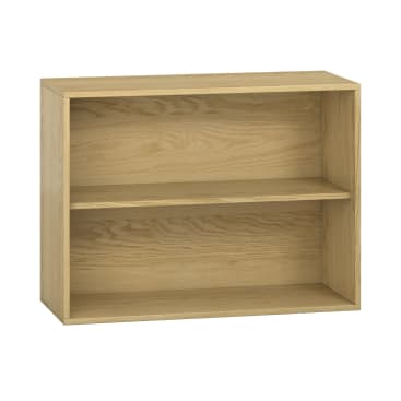 Ein rechteckiges Bücherregal aus hellem Holz mit zwei Einlegeböden und einer offenen Front, fotografiert vor einem schlichten weißen Hintergrund.
