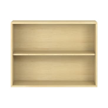 Ein schlichtes Bücherregal aus hellem Holz mit zwei Einlegeböden und einer offenen Vorderseite, fotografiert vor einem weißen Hintergrund. Die Regale sind leer.