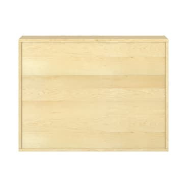 Ein rechteckiger Schrank aus hellem Holz in minimalistischem Design, mit zwei horizontalen Paneelen und ohne sichtbare Griffe. Die Oberfläche ist glatt und schnörkellos, der Hintergrund ist schlicht weiß.