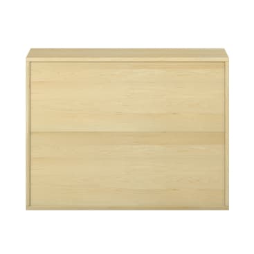 Eine Kommode aus hellem Holz mit zwei breiten Schubladen, die vor einem schlichten weißen Hintergrund gezeigt wird. Das Design ist einfach und modern, mit einer glatten Oberfläche und ohne sichtbare Griffe.