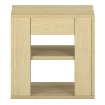 Ein Beistelltisch aus hellem Holz mit rechteckiger Platte, offener Vorderseite und zwei Ablagen in der Mitte, der sich durch einfache, klare Linien und eine natürliche Oberfläche auszeichnet.