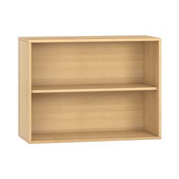 Ein rechteckiges Bücherregal aus hellem Holz mit zwei Regalbrettern, offener Front und glatter Oberfläche, fotografiert vor einem schlichten weißen Hintergrund.