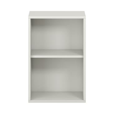 Ein weißes, rechteckiges Bücherregal mit zwei Fächern ist vor einem schlichten weißen Hintergrund abgebildet. Die Einlegeböden sind leer und das Regal hat ein einfaches, minimalistisches Design.