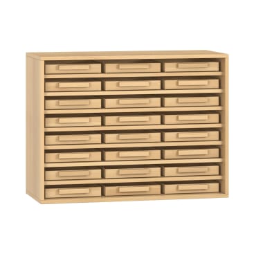 Ein Holzschrank mit fünf Reihen und sechs Spalten rechteckiger Schubladen, jede mit einem horizontalen Griff versehen. Der Schrank ist aus hellem Holz und hat ein einfaches, kastenförmiges Design.