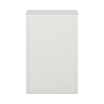 Ein schlichter, weißer, rechteckiger Schrank mit einer einzigen flachen Tür, von vorne gesehen vor einem weißen Hintergrund. Das Design ist minimalistisch, ohne sichtbare Griffe oder Verzierungen.