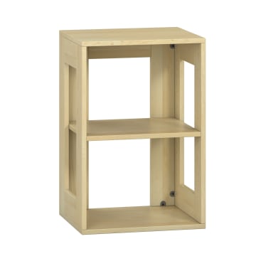 Ein rechteckiges Regal aus hellem Holz mit zwei offenen Regalböden und seitlichen Ausschnitten, das auf einer ebenen Fläche steht. Das Design ist einfach und funktional.