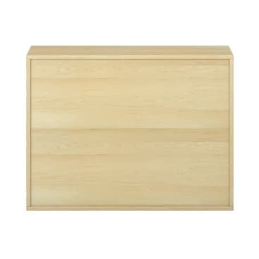 Eine Kommode aus hellem Holz mit einfacher, rechteckiger Form und zwei großen, horizontalen Schubladen, dargestellt vor einem weißen Hintergrund.