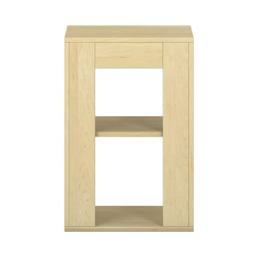 Ein kleines, rechteckiges Regal aus hellem Holz mit einem zentralen Fachboden, der zwei offene Fächer bildet. Das Design ist einfach und modern, mit klaren Linien und einer natürlichen Holzoberfläche.