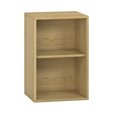 Kleines, rechteckiges Bücherregal aus Naturholz mit einem verstellbaren Einlegeboden und einer offenen Front.