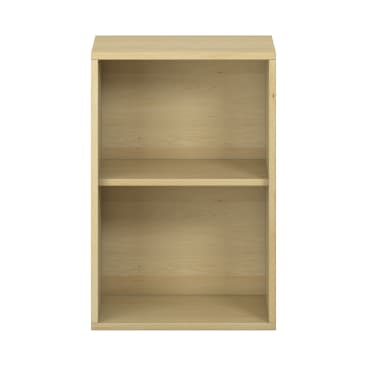 Ein kleines Bücherregal aus hellem Holz mit zwei offenen Fächern und einem einfachen, rechteckigen Design, fotografiert vor einem weißen Hintergrund.