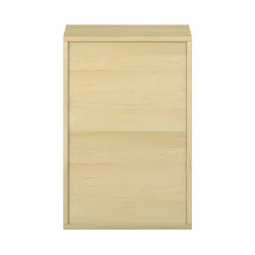 Ein Schrank mit zwei Schubladen aus hellem Holz mit einem einfachen, modernen Design. Der Schrank hat eine glatte Oberfläche und keine sichtbaren Griffe, die vor einem schlichten weißen Hintergrund fotografiert wurden.