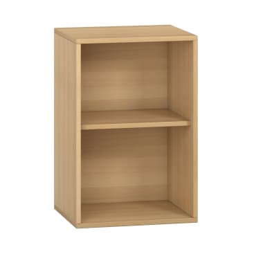 Ein kleines Bücherregal aus hellem Holz mit einem verstellbaren Fachboden vor einem schlichten weißen Hintergrund. Das Regal hat ein einfaches, rechteckiges Design ohne Türen oder dekorative Elemente.