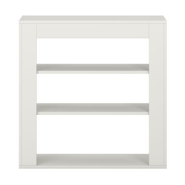 Weißes rechteckiges Regal mit drei offenen Fächern, von vorne gesehen vor einem schlichten weißen Hintergrund. Das Design ist minimalistisch und modern.