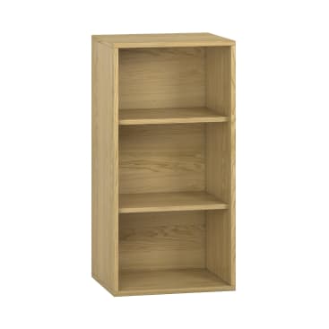 Ein einfaches Bücherregal aus hellem Holz mit drei Einlegeböden und offener Front, abgebildet auf weißem Hintergrund.
