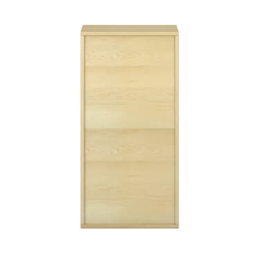 Ein schlichter, rechteckiger Schrank aus hellem Holz mit zwei Türen, der vor einem weißen Hintergrund abgebildet ist. Der Schrank hat ein einfaches, modernes Design ohne sichtbare Griffe oder Verzierungen.
