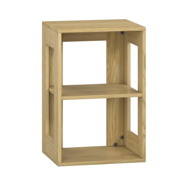 Ein rechteckiges Holzregal mit zwei offenen Regalböden und seitlichen Aussparungen, dargestellt vor einem weißen Hintergrund.